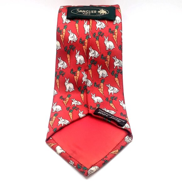 Men's Tie Sanglier Paris 100% Silk Red Rabbit Carrot Pattern Made In France 59"L - Picture 4 of 9